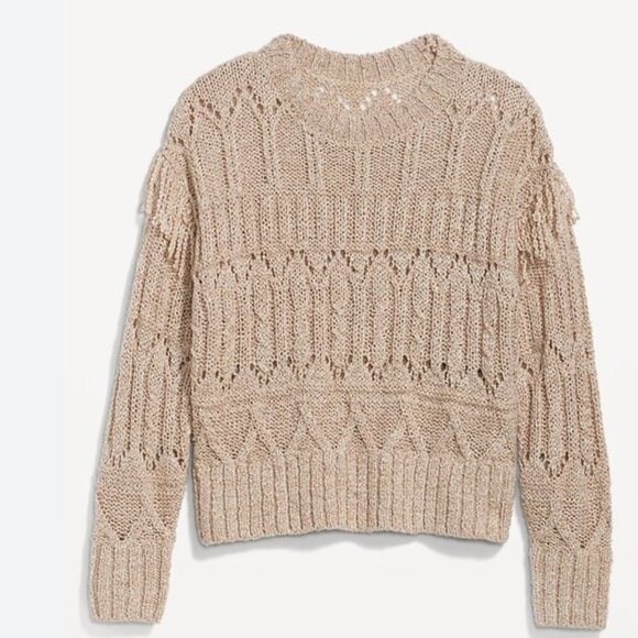 Old Navy Brown Heather Textured Loose Knit Fringe Shoulder Sweater L - Picture 5 of 10